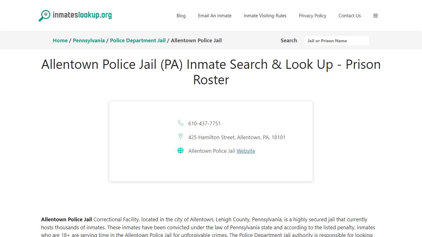 Allentown Police Jail (PA) Inmate Search & Look Up - Prison Roster